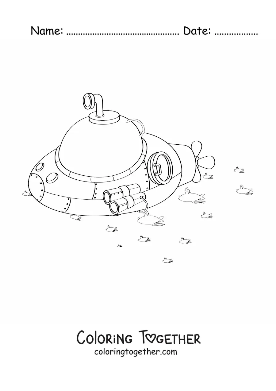 Coloring page of a round submarine next to several fish