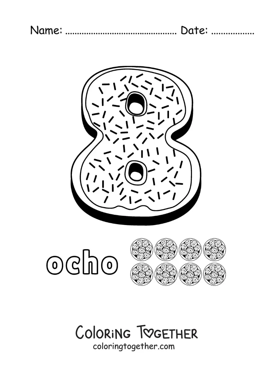 Coloring page of an animated number 8 shaped like a cookie with objects to count