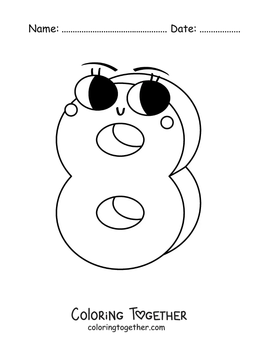 Coloring page of a fun animated number 8 for kids