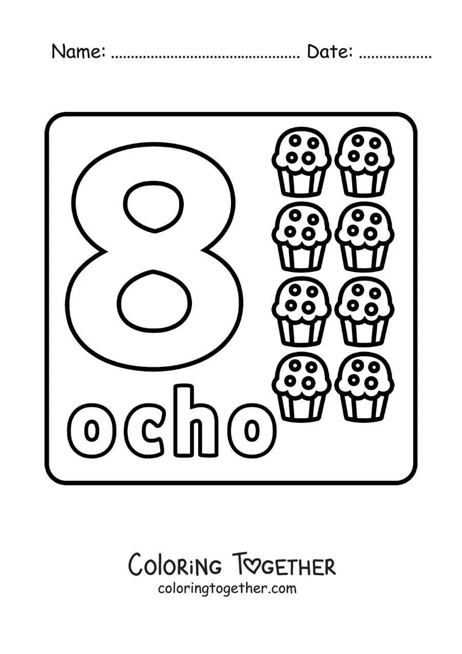 Coloring page of a number 8 with objects to learn to count