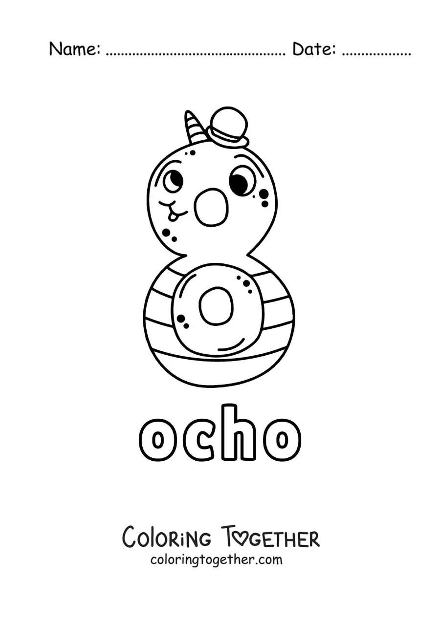 Coloring page of a number 8 shaped like an animated Halloween monster