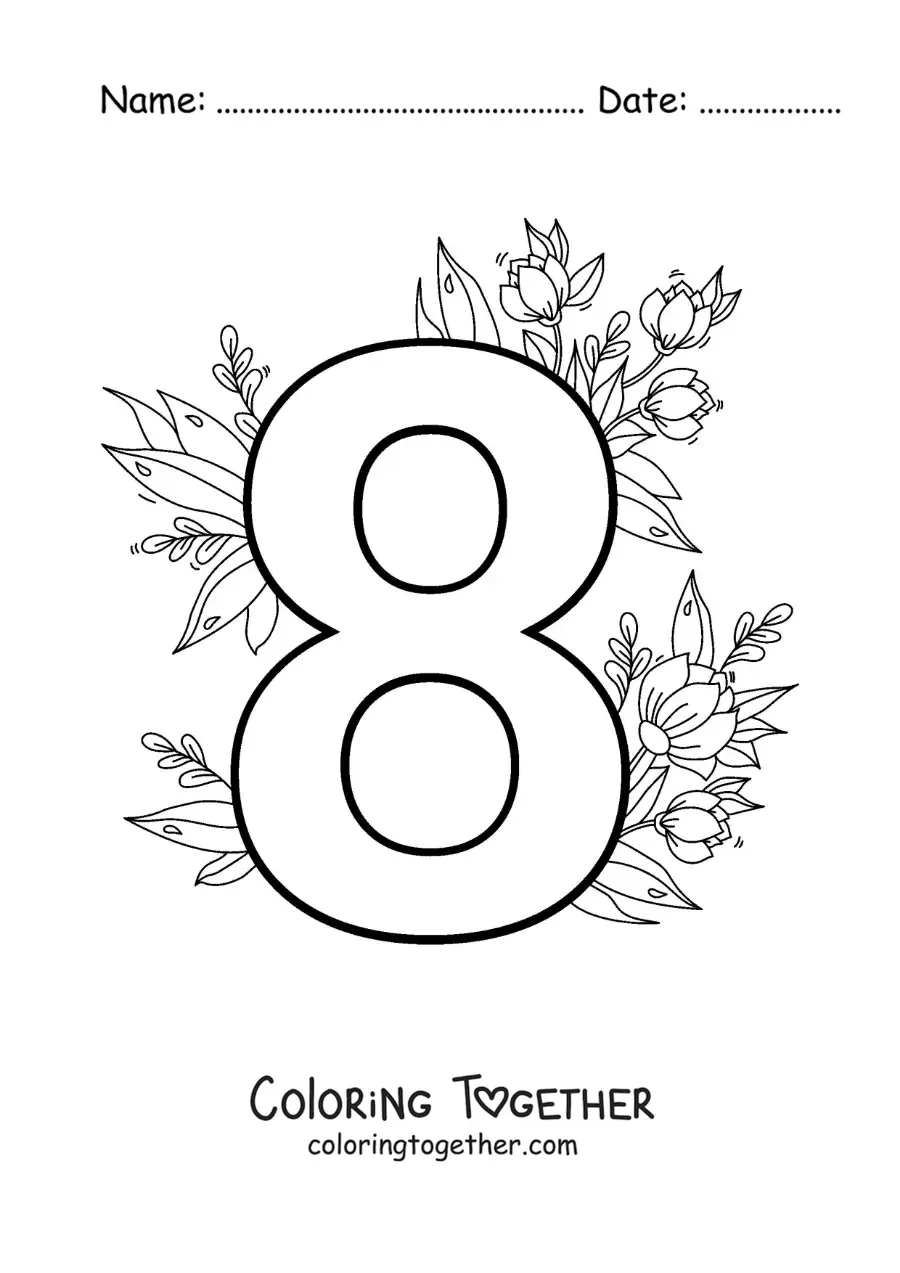 Coloring page of a number 8 decorated with flowers