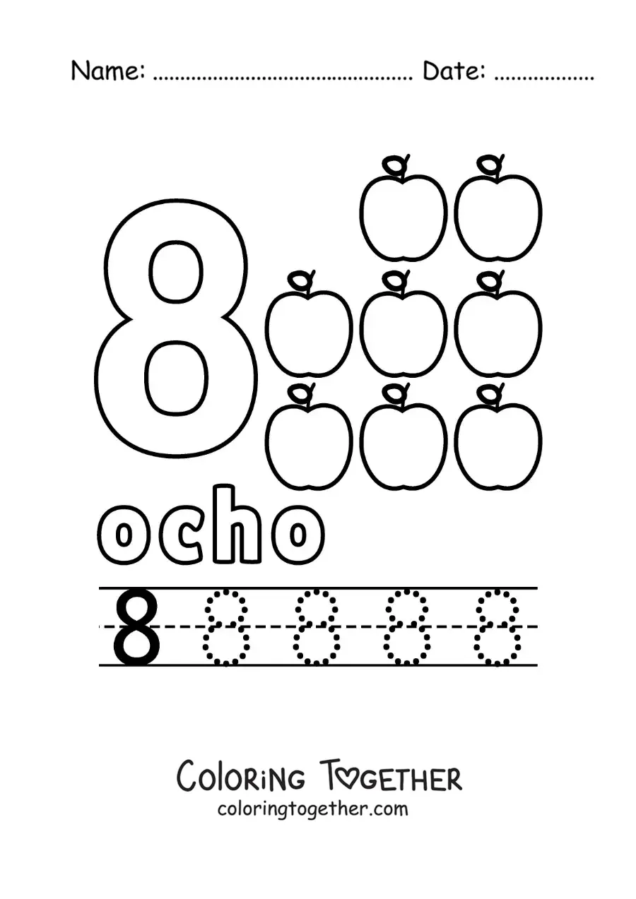 Coloring page of a number 8 with objects to learn to count and trace