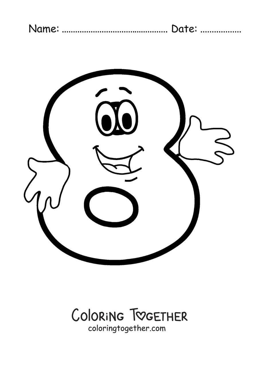 Coloring page of an animated number 8 dancing for kids