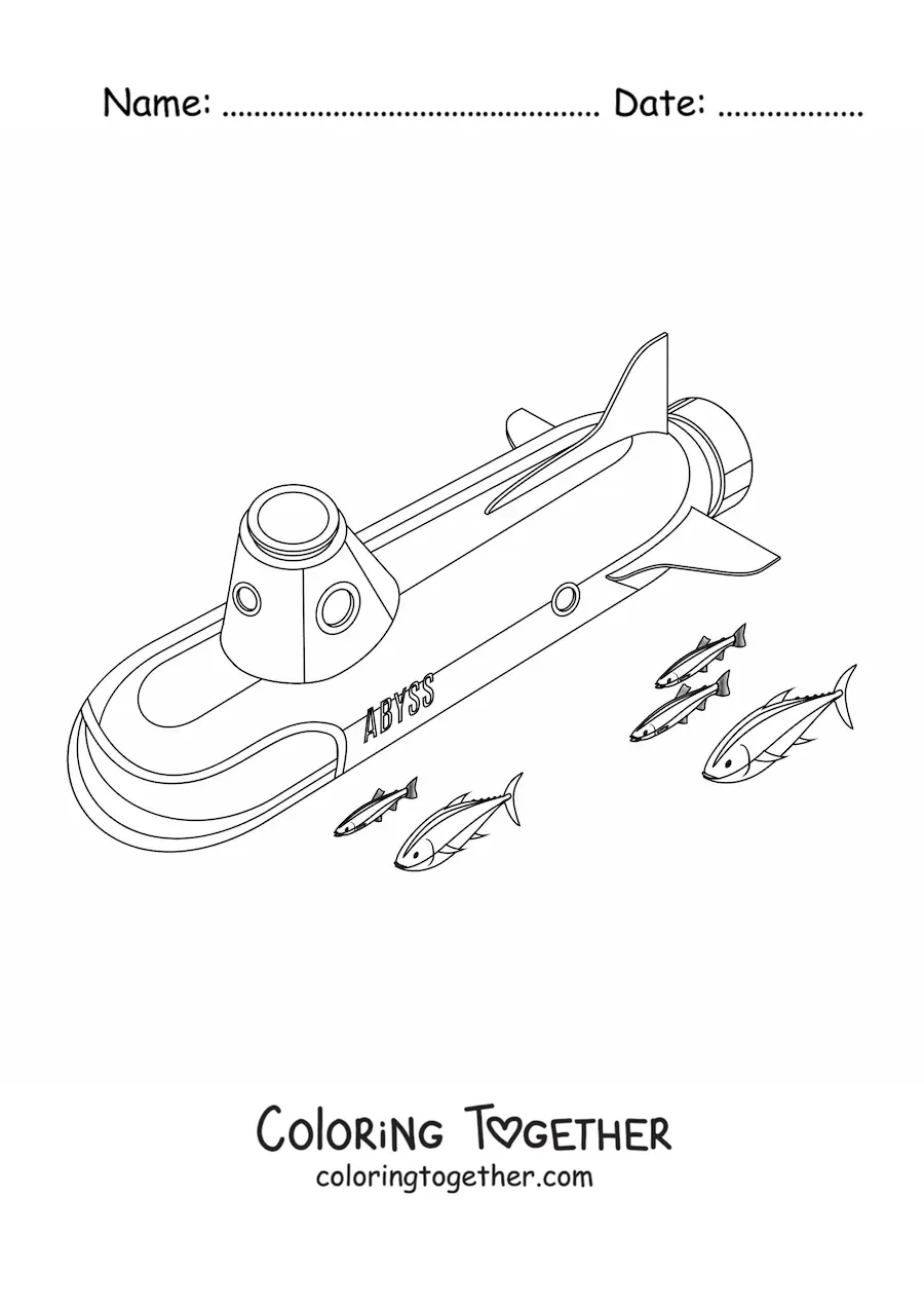 Coloring page of a long submarine next to several fish