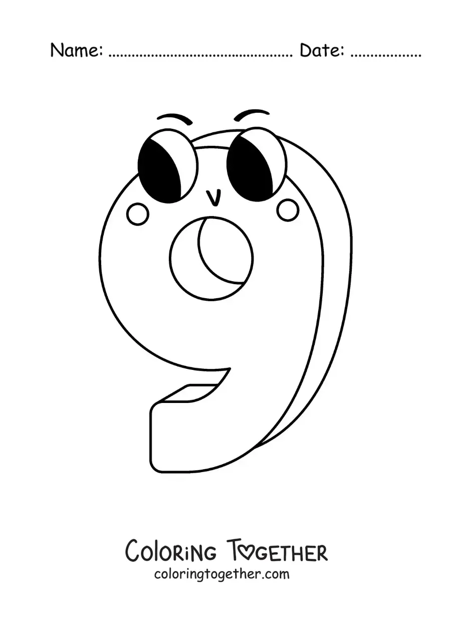 Coloring page of a fun animated number 9 for kids