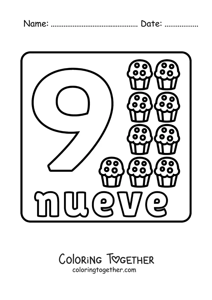 Coloring page of a number 9 with objects to learn to count
