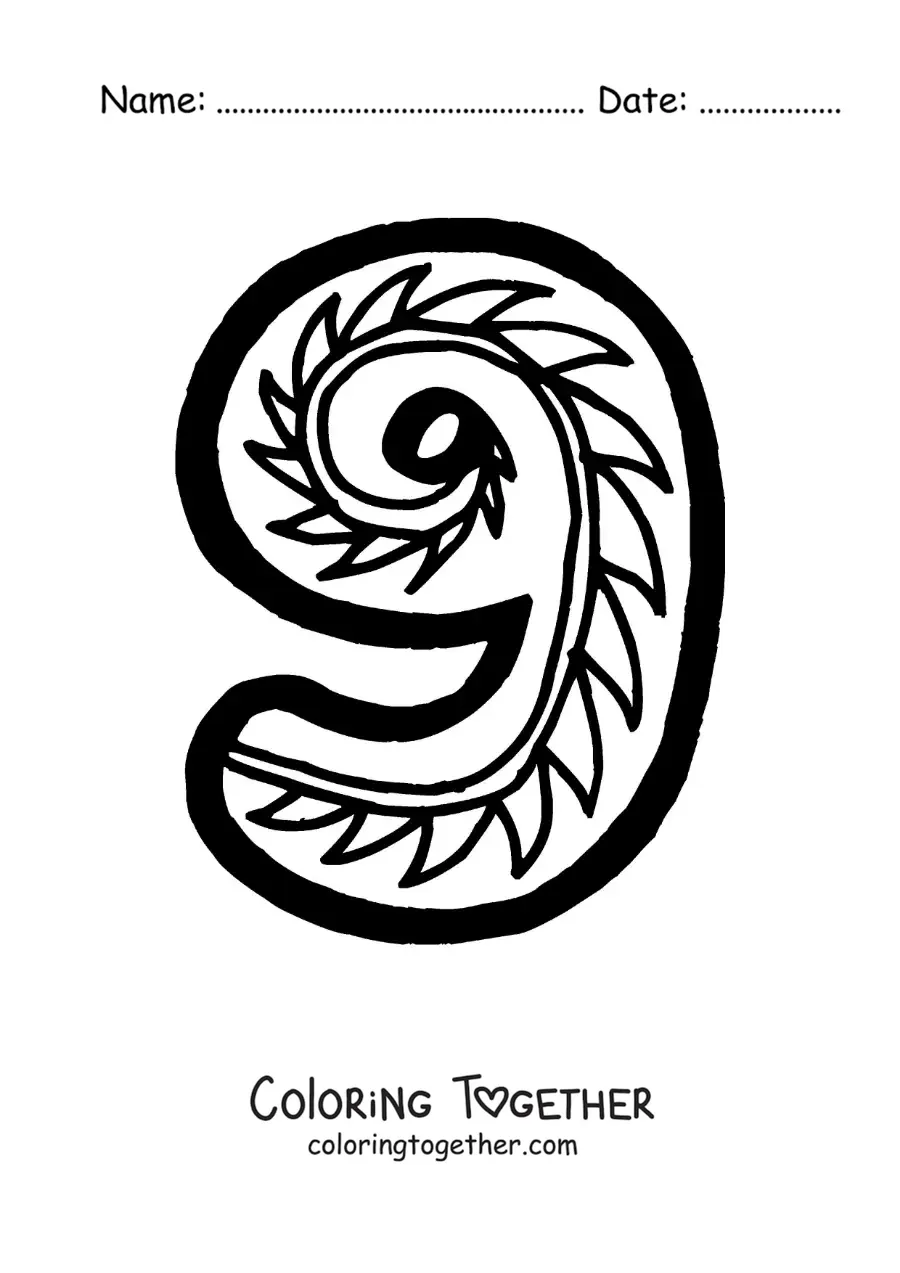 Coloring page of a large number 9 for preschool kids