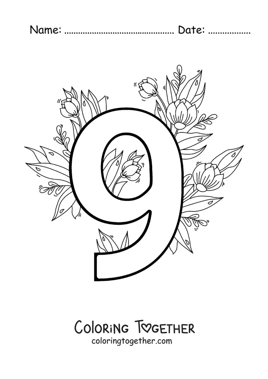 Coloring page of a number 9 decorated with flowers