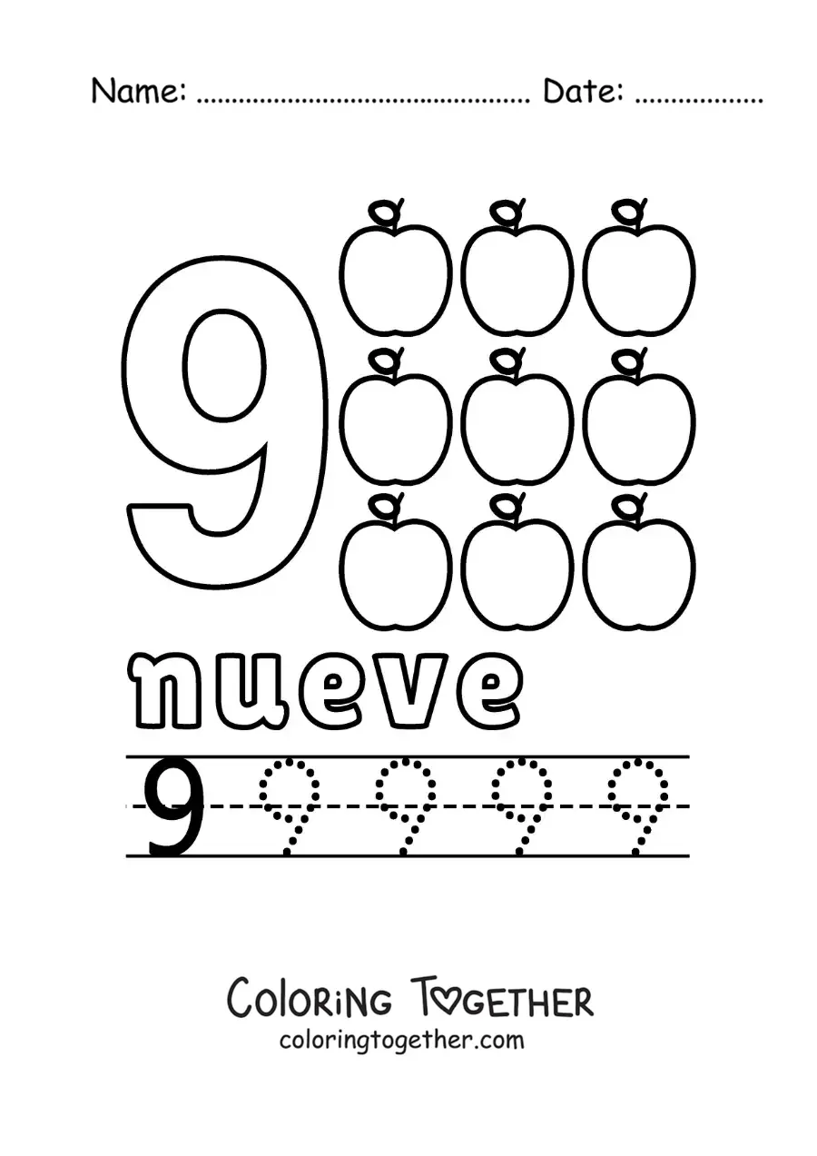 Coloring page of a number 9 with objects to learn to count and trace