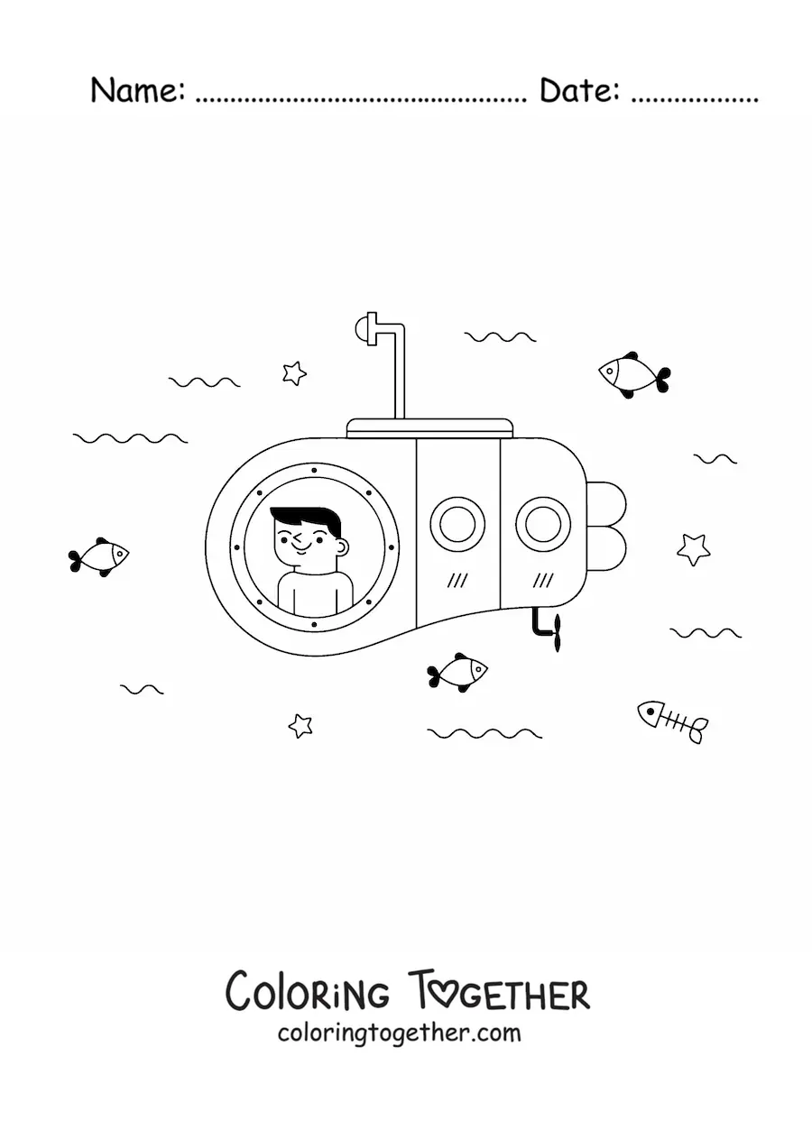 Coloring page of a child inside a submarine