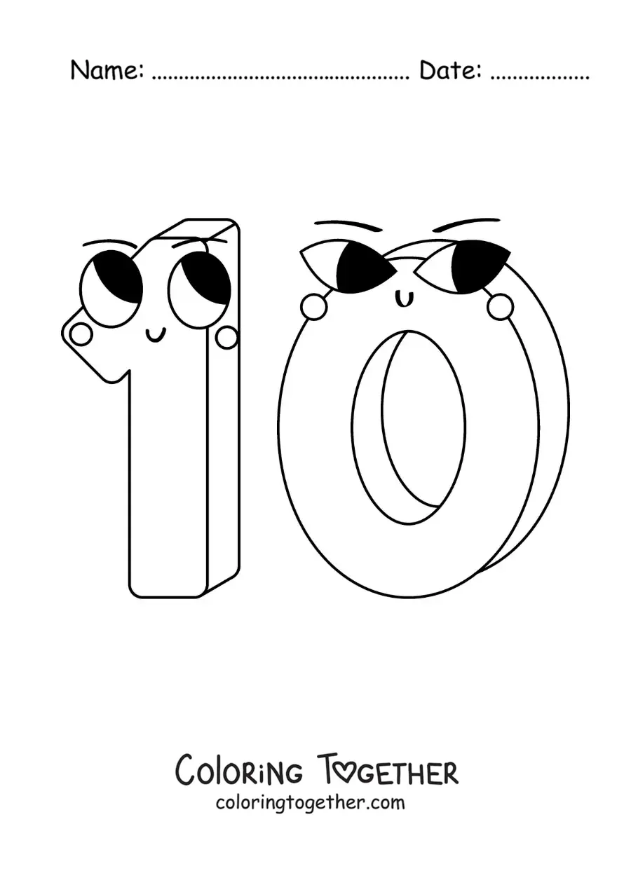 Coloring page of a fun animated number 10 for kids