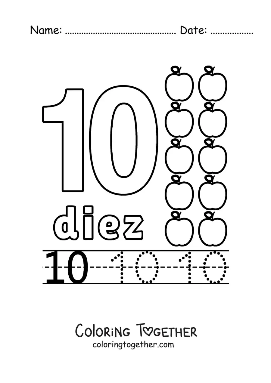 Coloring page of a number 10 with objects to learn to count and trace