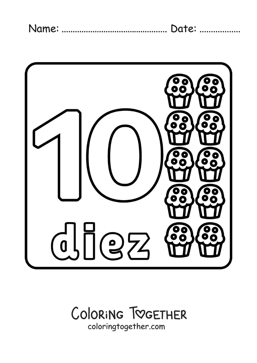 Coloring page of a number 10 with objects to learn to count