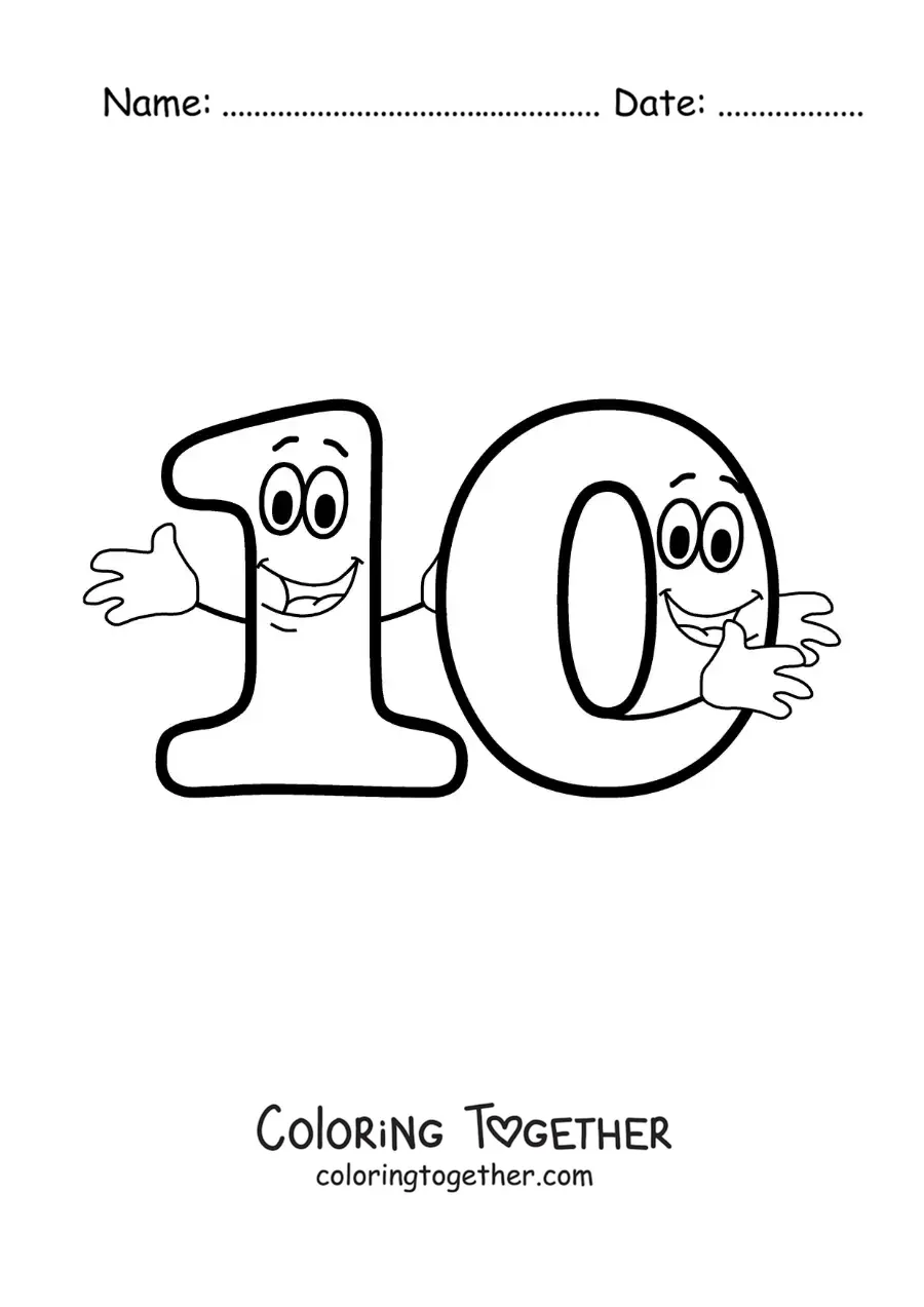 Coloring page of an animated number 10 dancing for kids