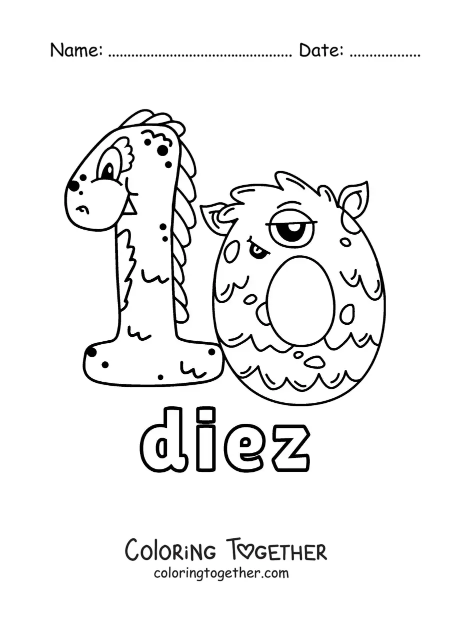 Coloring page of a number 10 shaped like an animated Halloween monster
