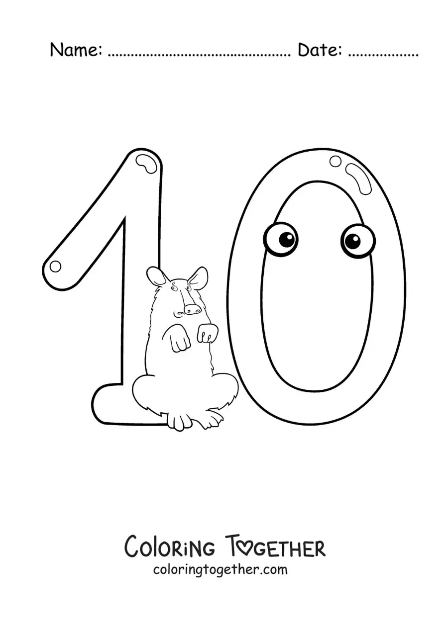Coloring page of a fun animated number 10
