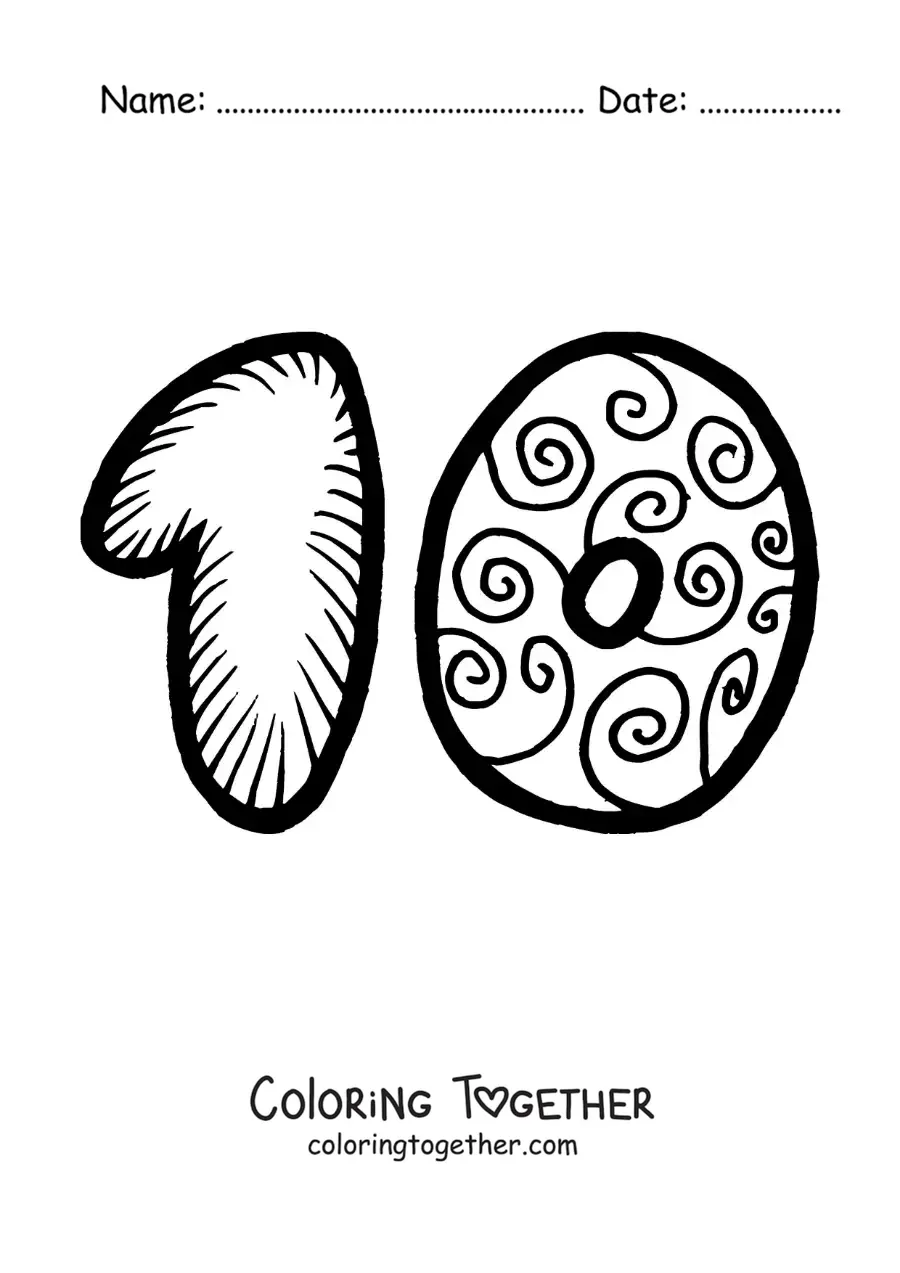 Coloring page of a large number 10 for preschool kids