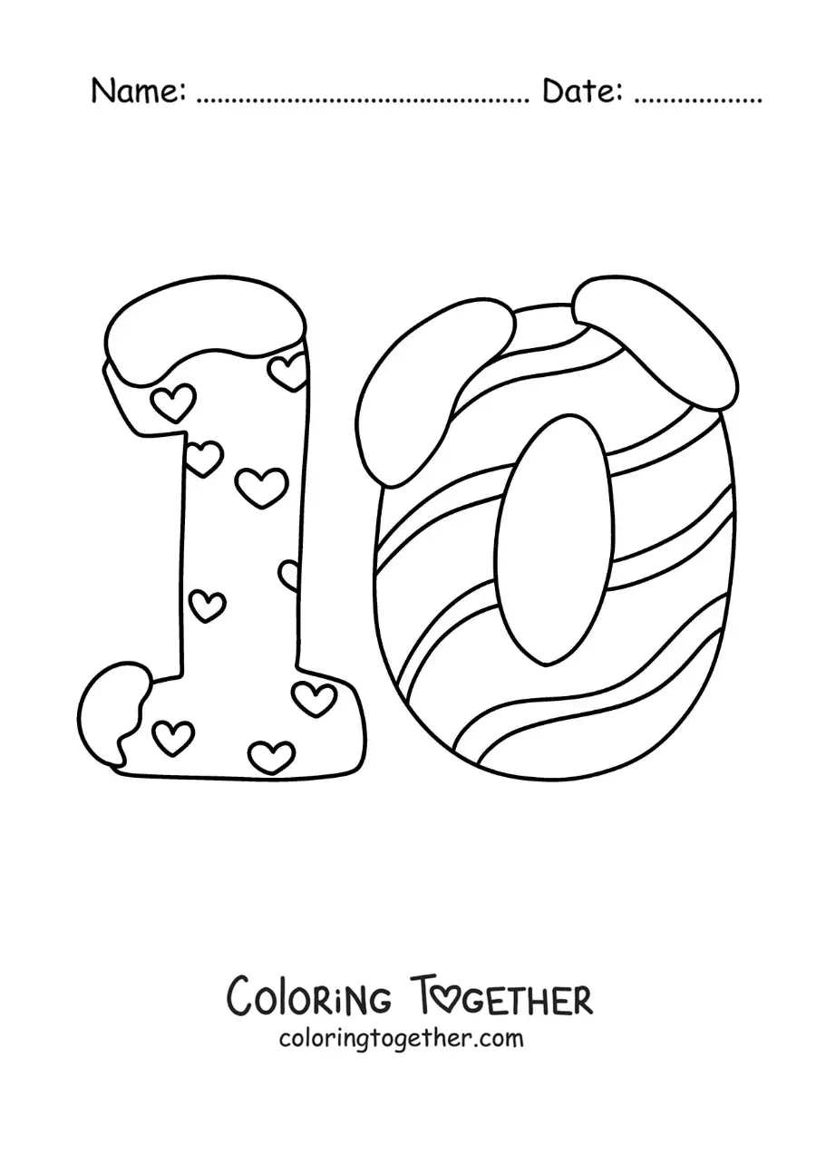 Coloring page of a decorated number 10 for kids
