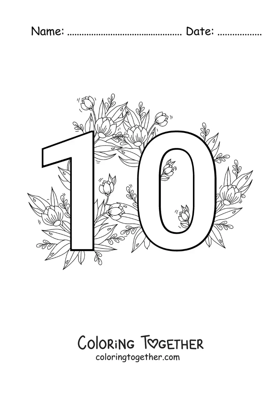 Coloring page of a number 10 decorated with flowers