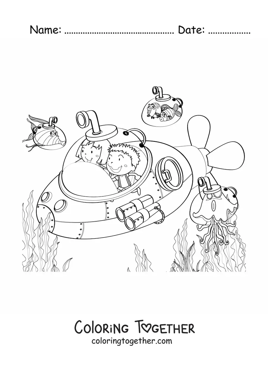 Coloring page of two kids inside a submarine with cartoon fish