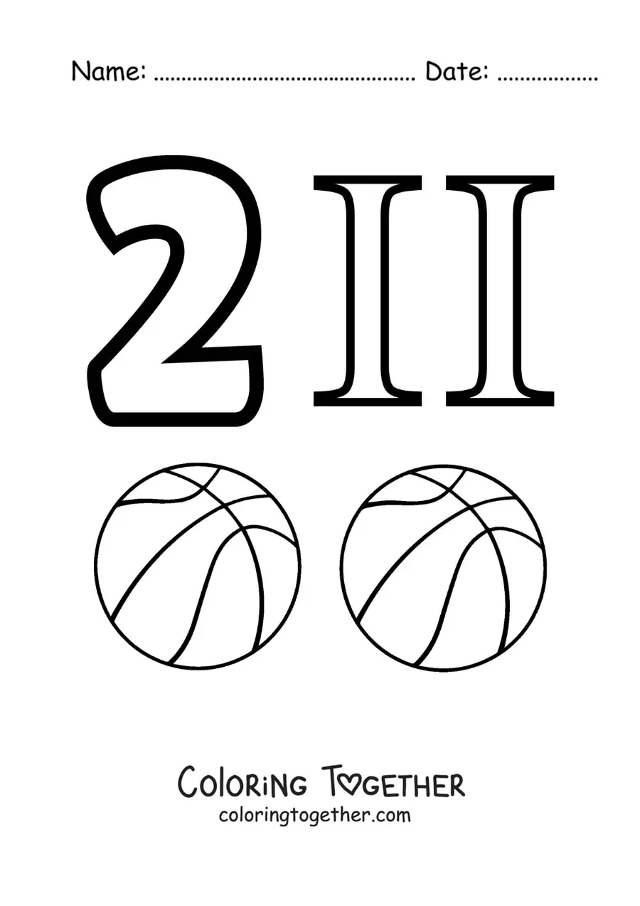 Coloring page of a card of the number 2 in Roman numerals with cartoons