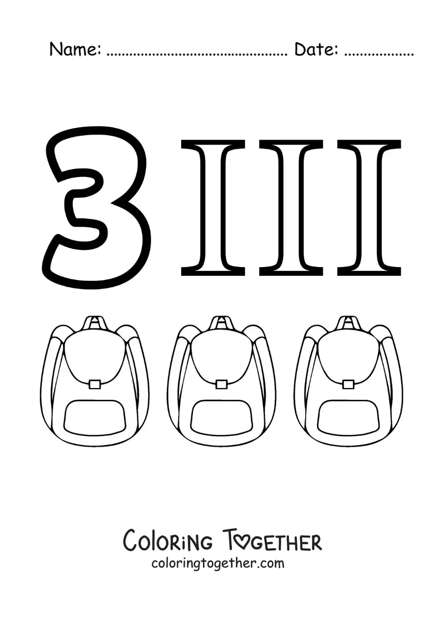 Coloring page of a card of the number 3 in Roman numerals with cartoons