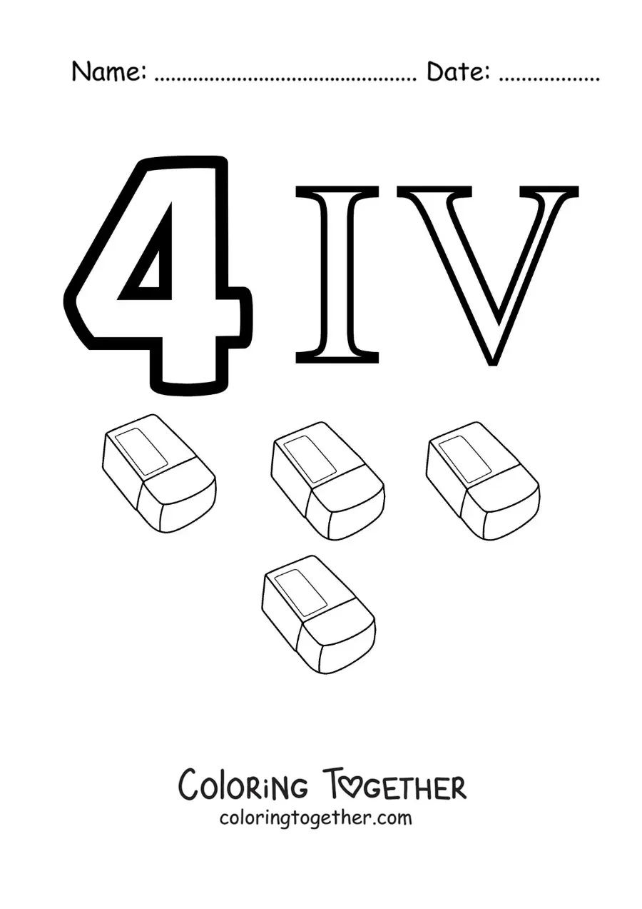 Coloring page of a card of the number 4 in Roman numerals with cartoons
