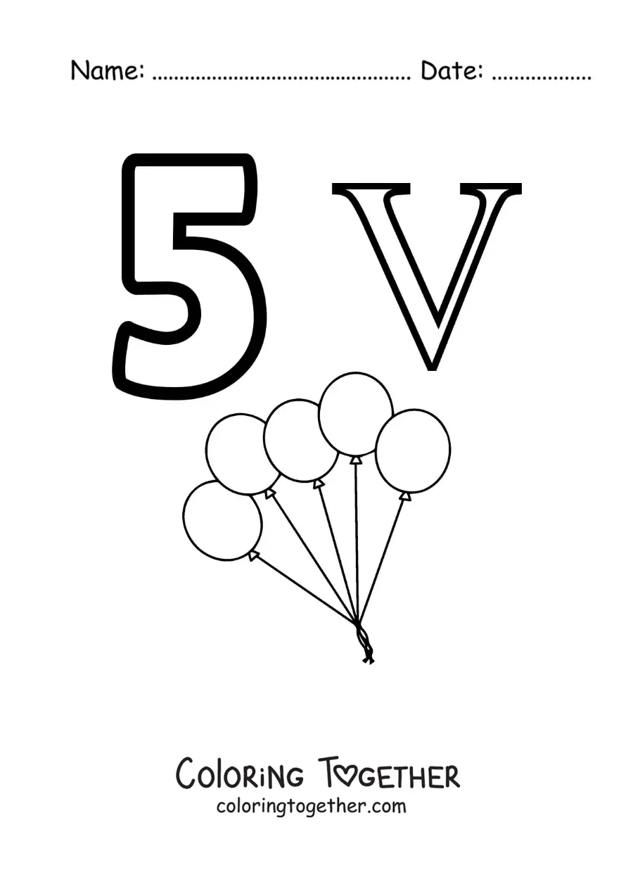 Coloring page of a card of the number 5 in Roman numerals with cartoons