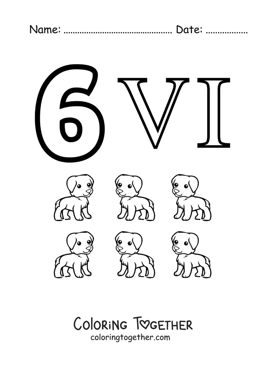 Coloring page of a card of the number 6 in Roman numerals with cartoons