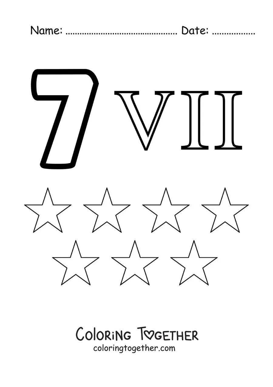 Coloring page of a card of the number 7 in Roman numerals with cartoons