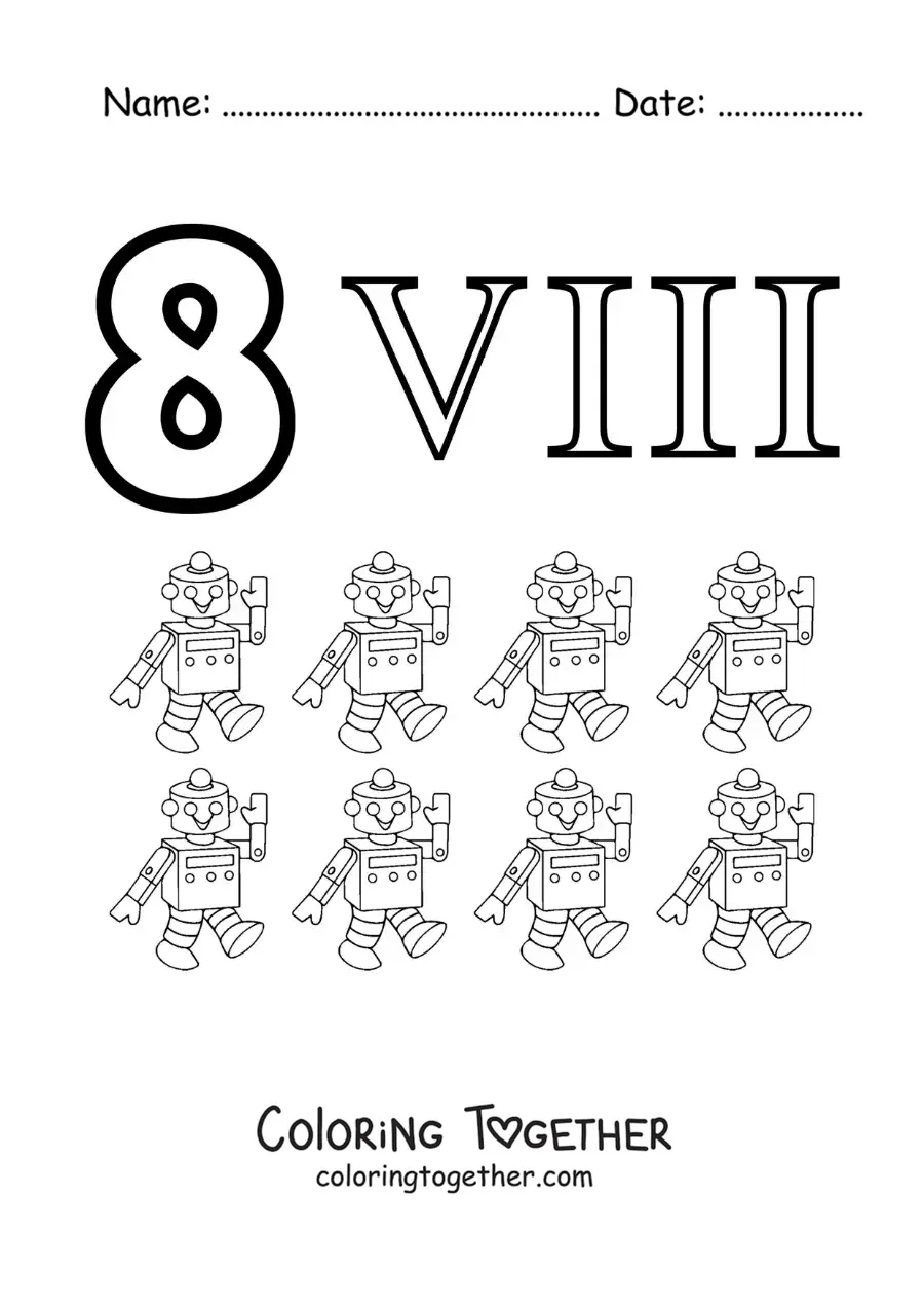 Coloring page of a card of the number 8 in Roman numerals with cartoons