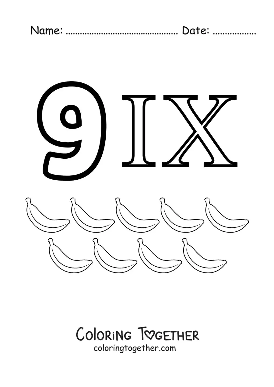 Coloring page of a card of the number 9 in Roman numerals with cartoons