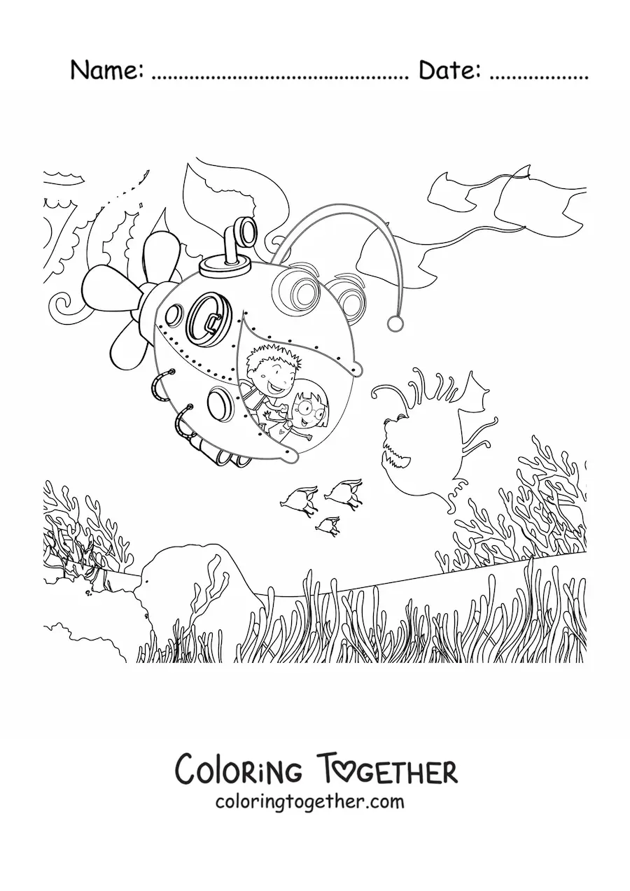 Coloring page of two kids in a fish-shaped submarine on the ocean floor
