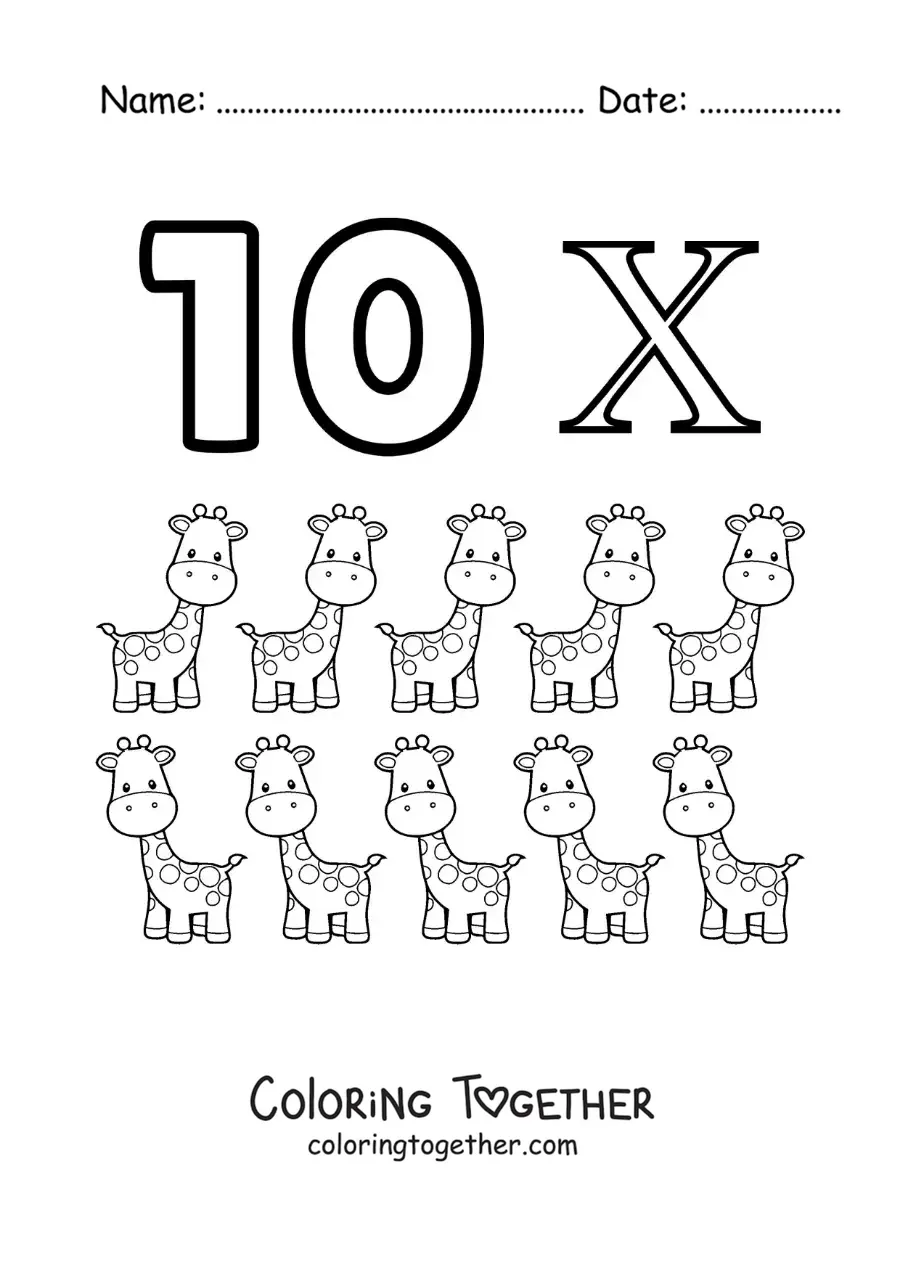 Coloring page of a card of the number 10 in Roman numerals with cartoons