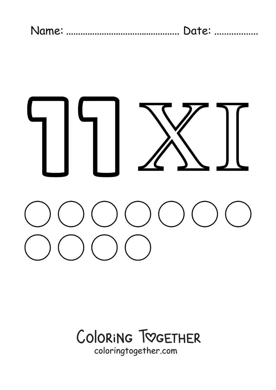 Coloring page of a card of the number 11 in Roman numerals with cartoons