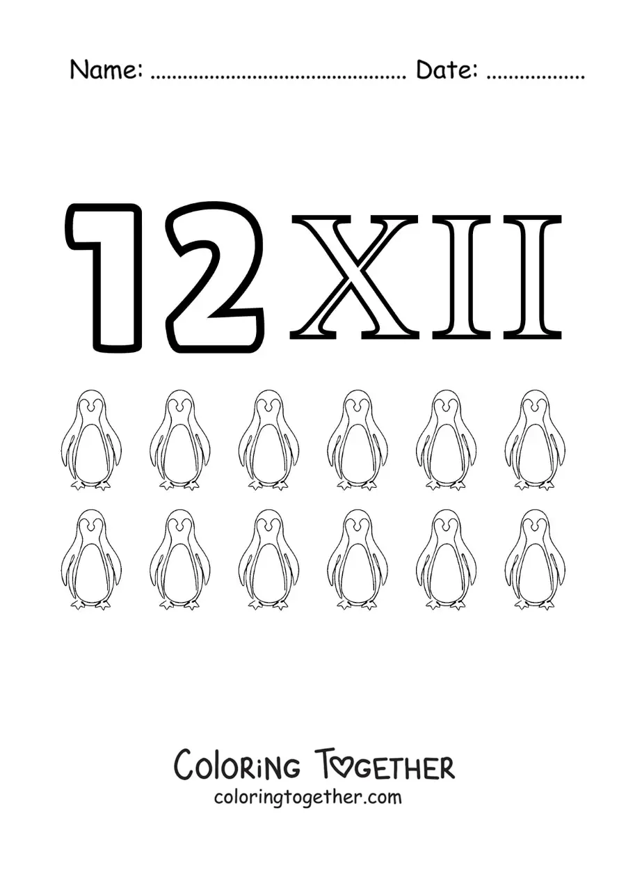 Coloring page of a card of the number 12 in Roman numerals with cartoons