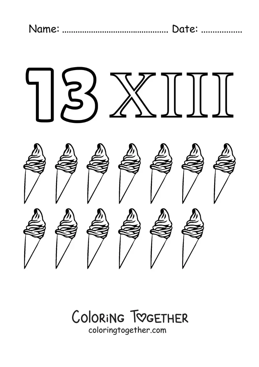Coloring page of a card of the number 13 in Roman numerals with cartoons