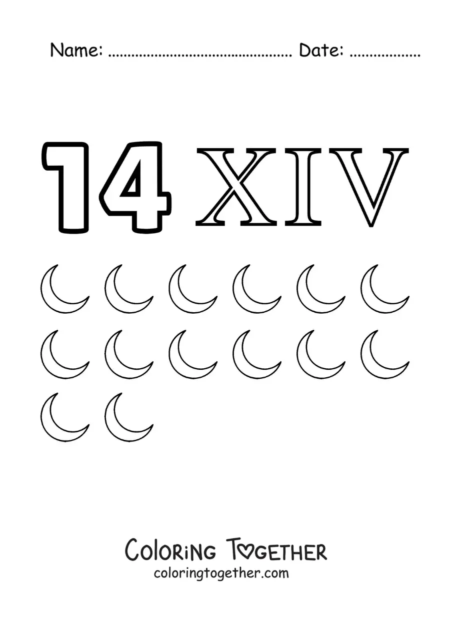Coloring page of a card of the number 14 in Roman numerals with cartoons