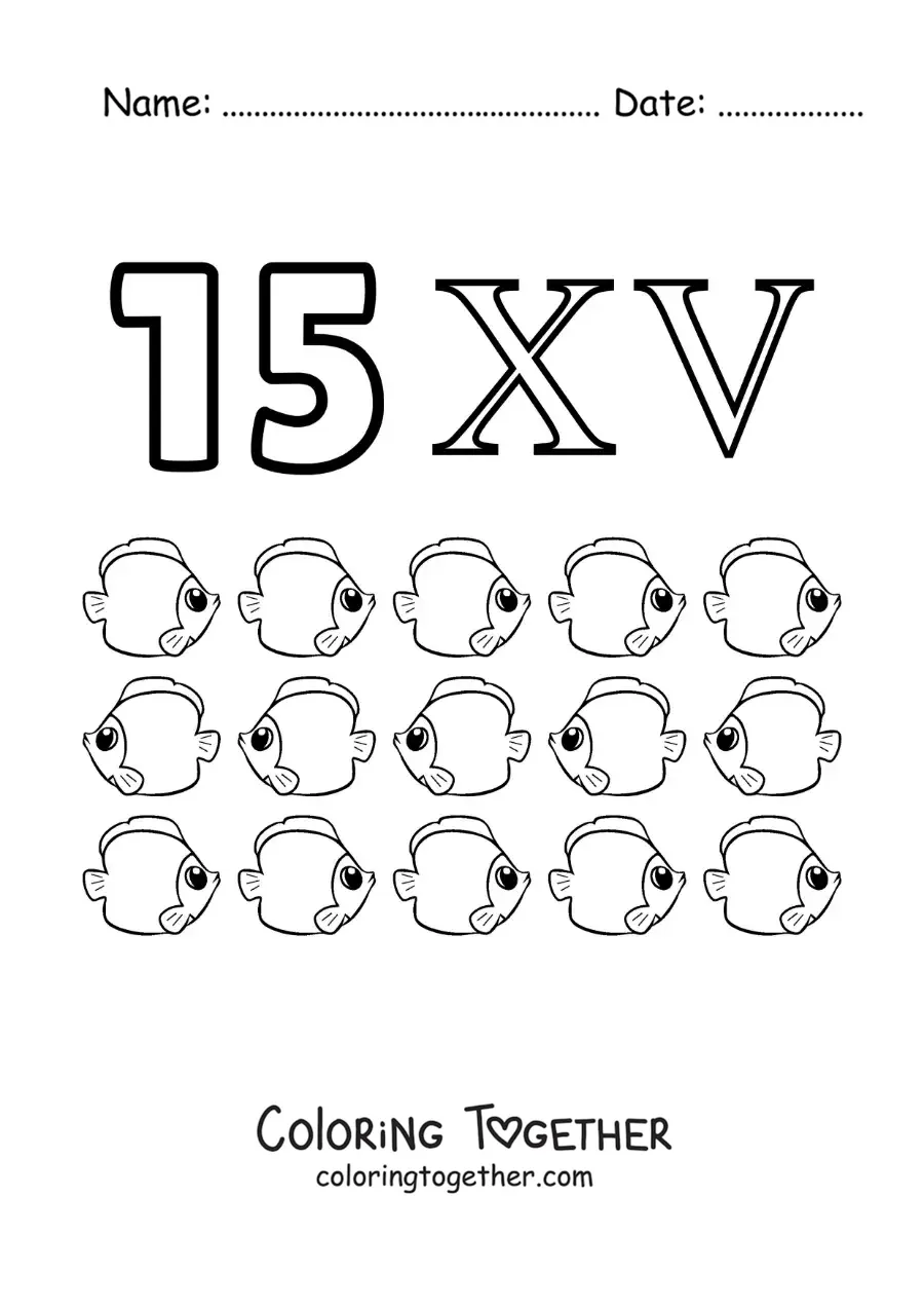 Coloring page of a card of the number 15 in Roman numerals with cartoons