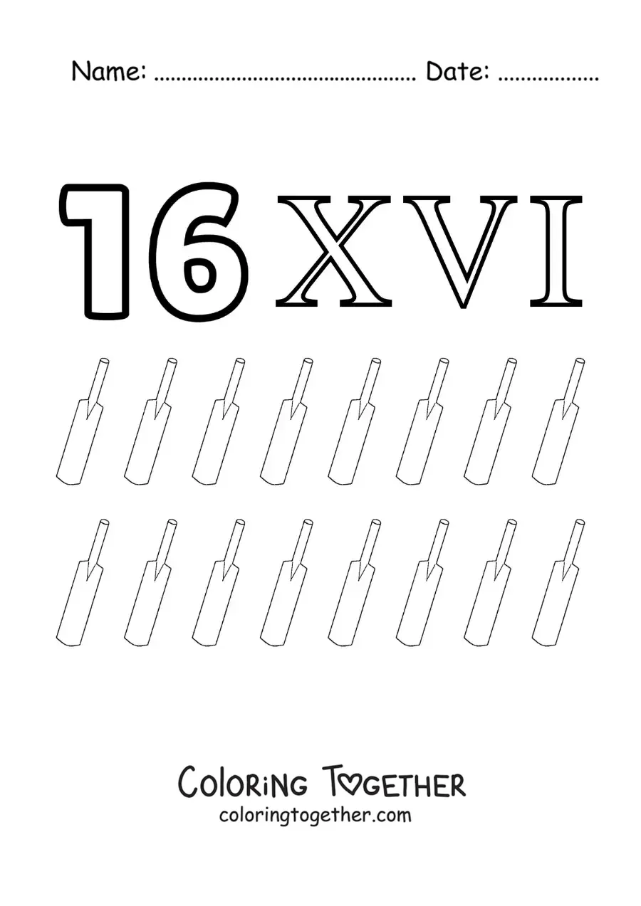 Coloring page of a card of the number 16 in Roman numerals with cartoons