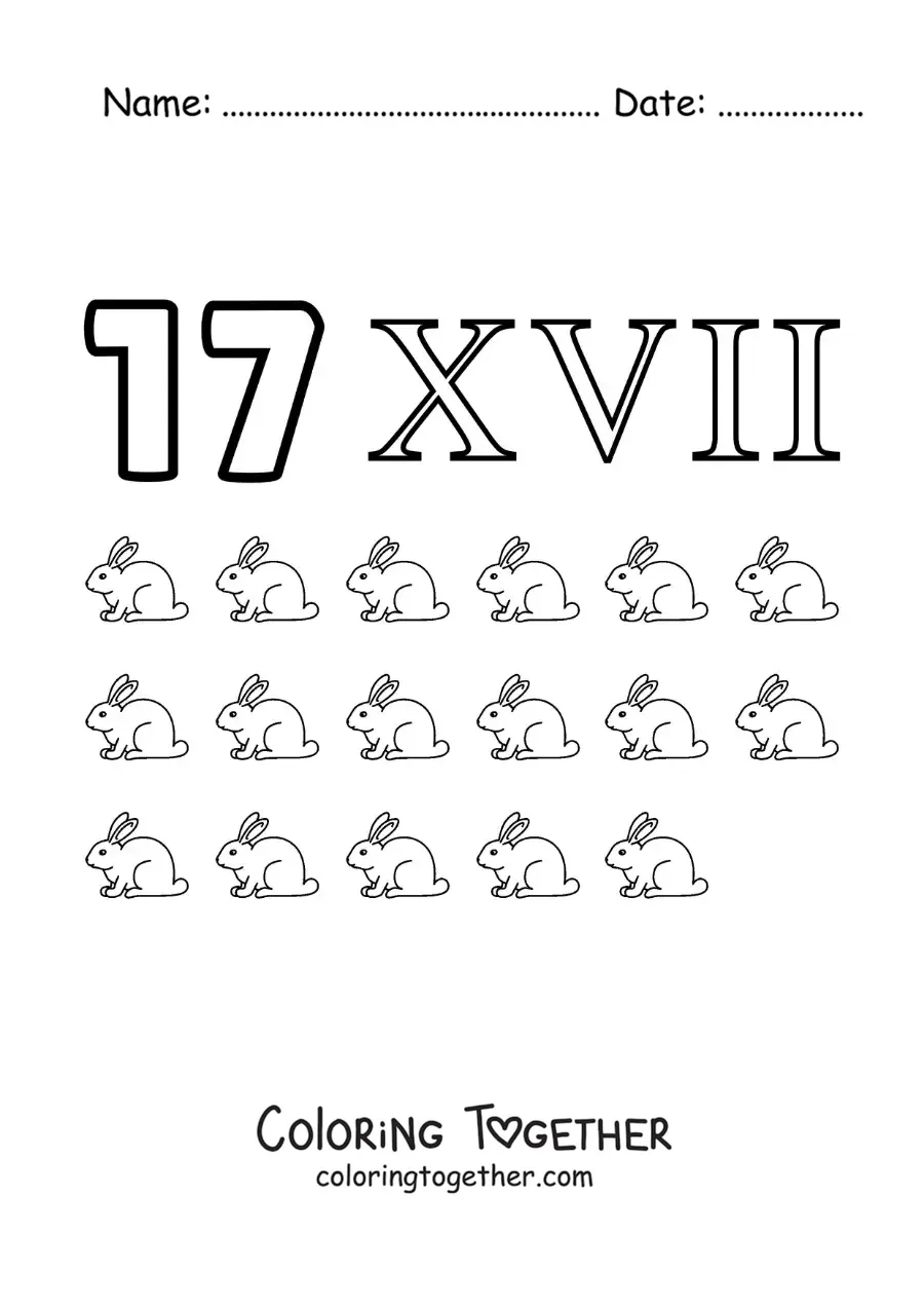 Coloring page of a card of the number 17 in Roman numerals with cartoons