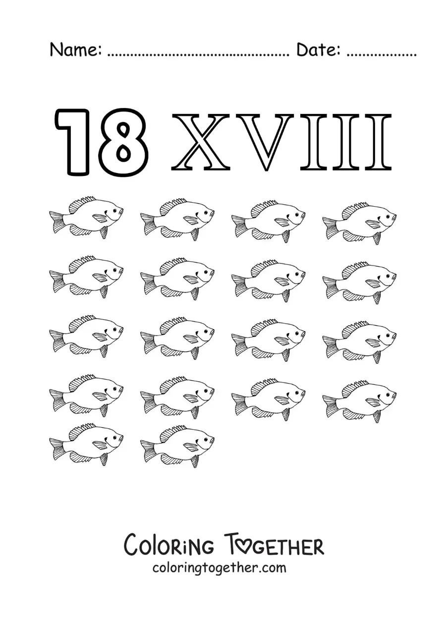 Coloring page of a card of the number 18 in Roman numerals with cartoons