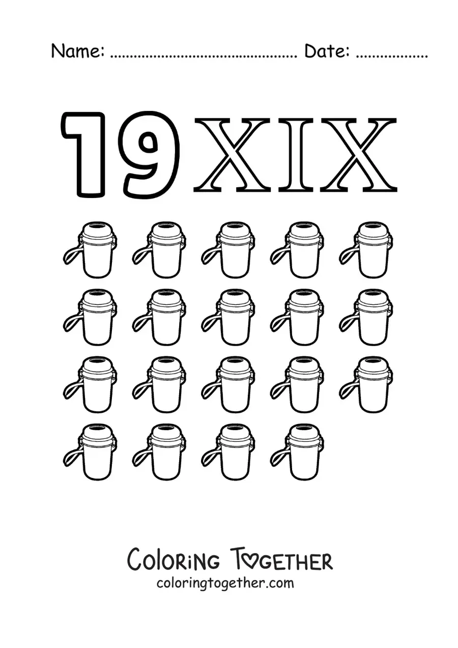 Coloring page of a card of the number 19 in Roman numerals with cartoons