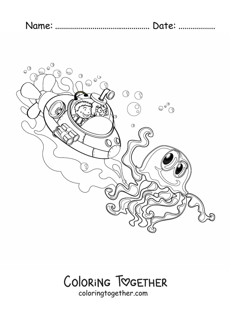 Coloring page of a cartoon octopus and two kids in a submarine