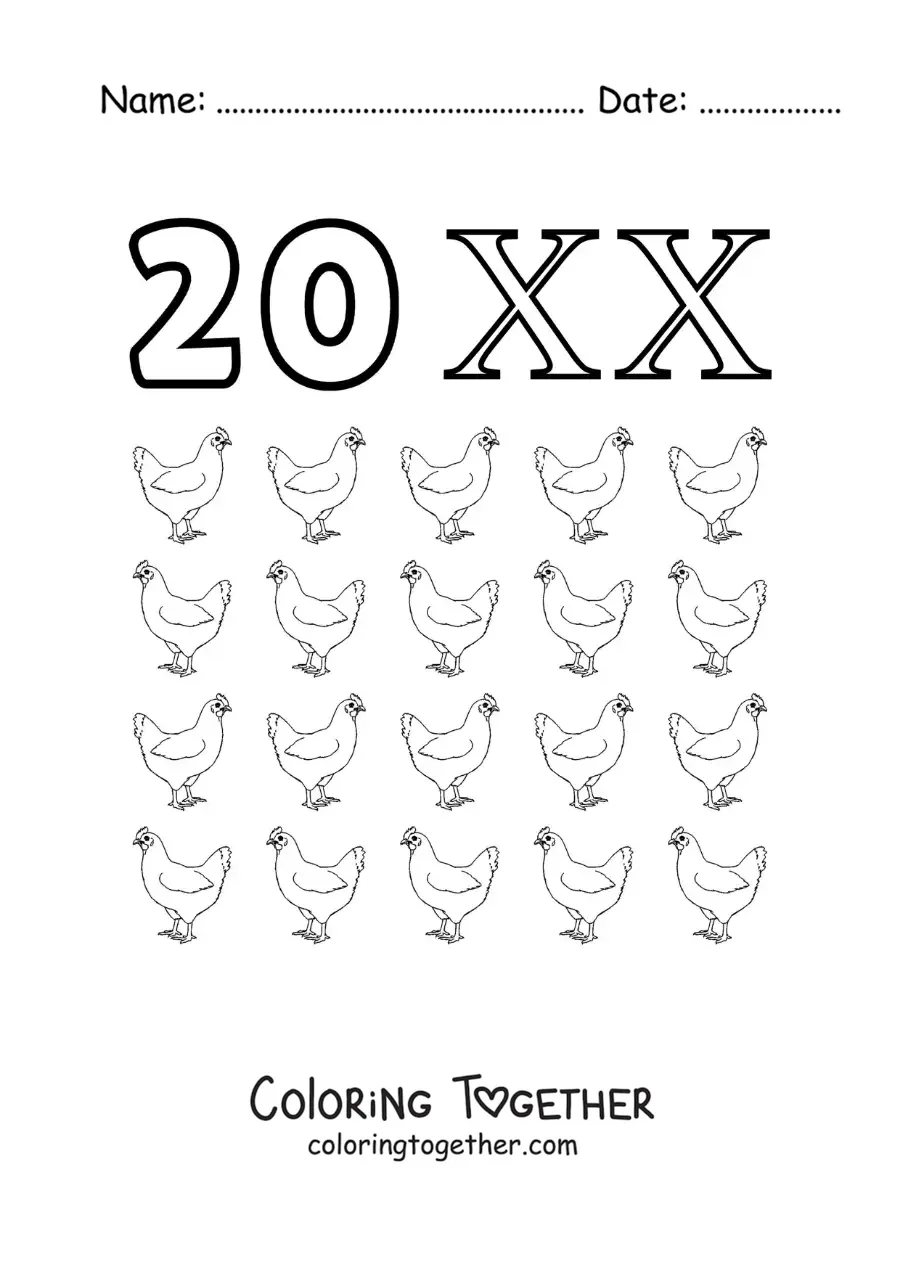 Coloring page of a card of the number 20 in Roman numerals with cartoons