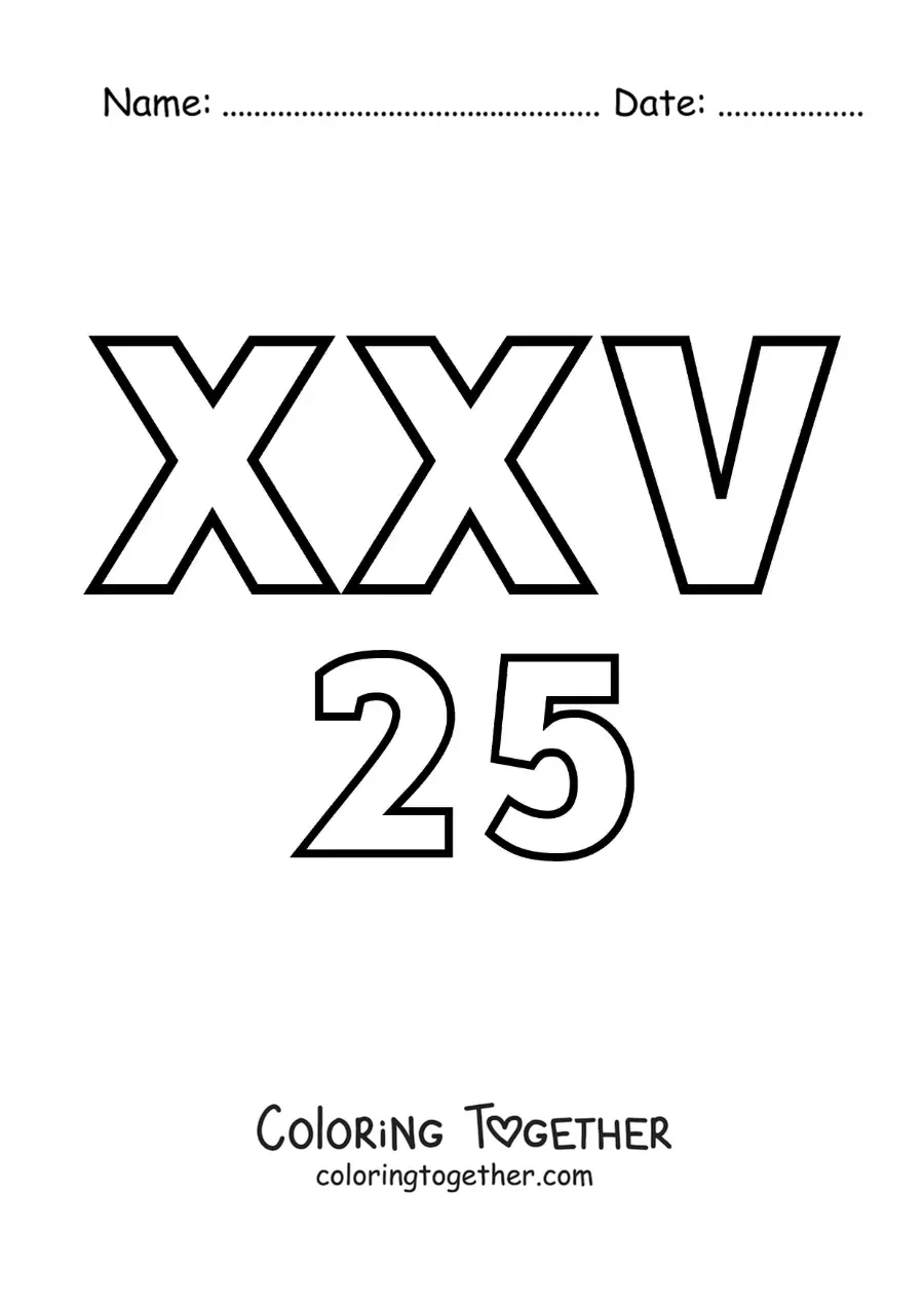 Coloring page of a card of the number 25 in Roman numerals with cartoons