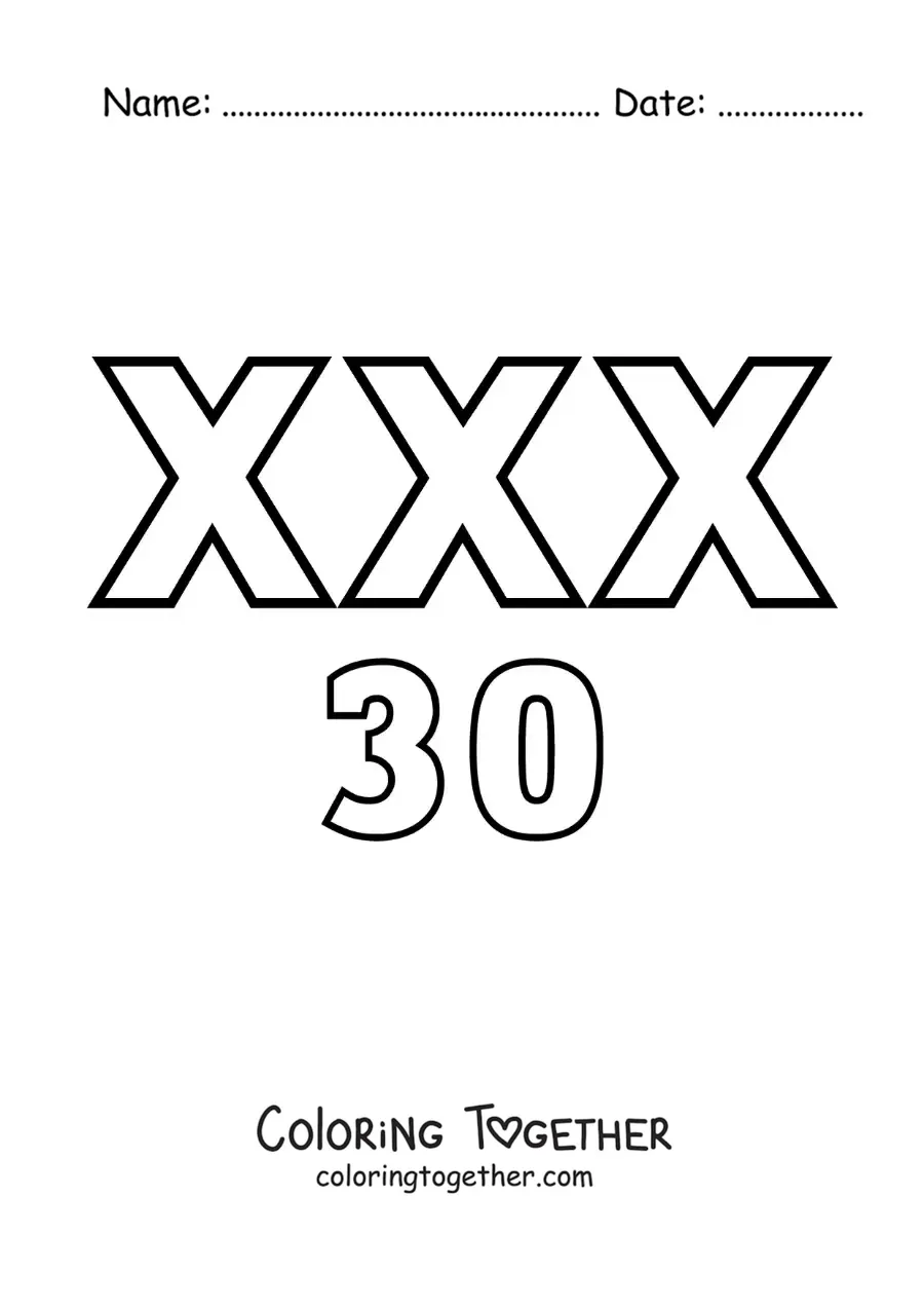 Coloring page of a card of the number 30 in Roman numerals with cartoons