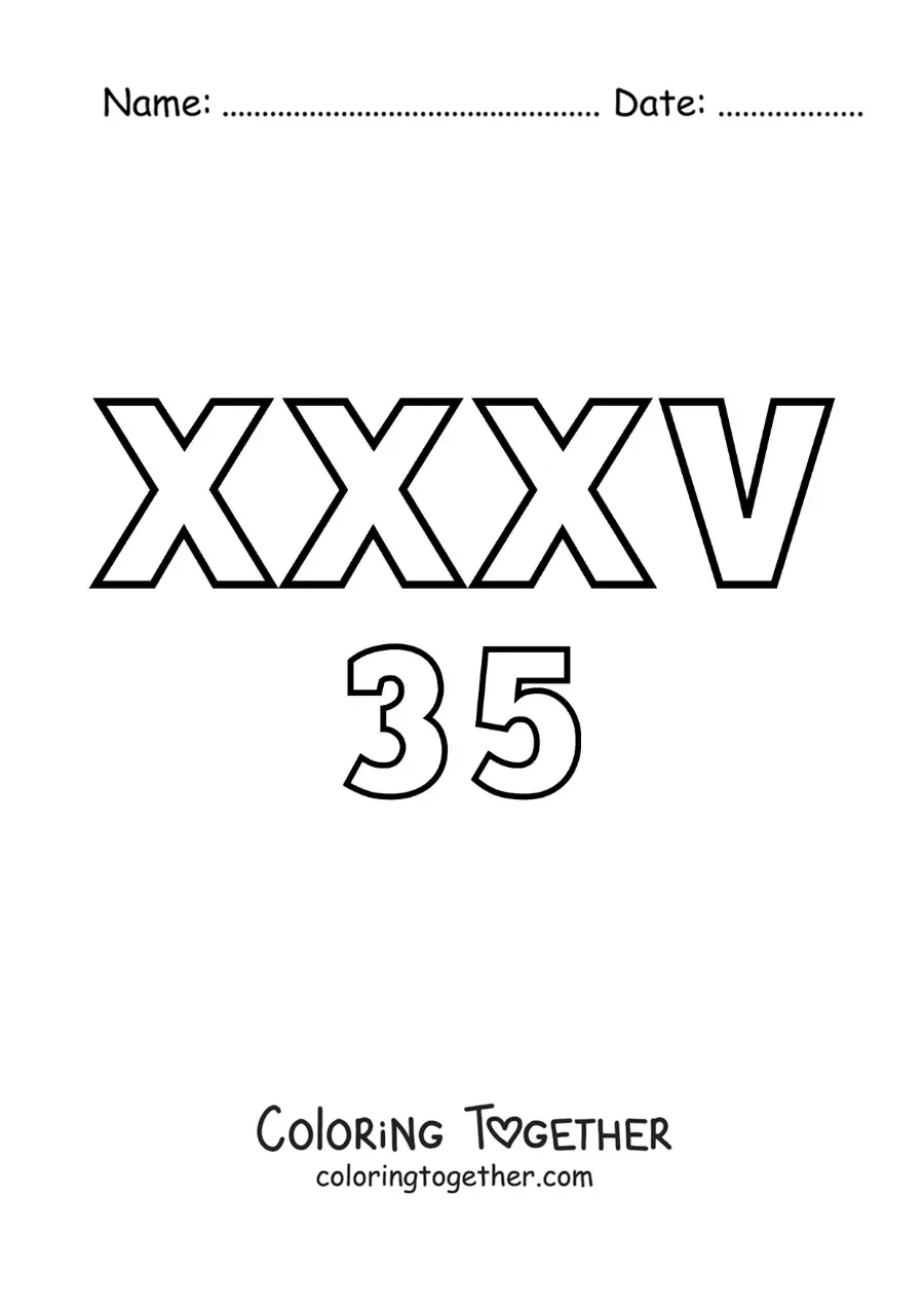 Coloring page of a card of the number 35 in Roman numerals with cartoons