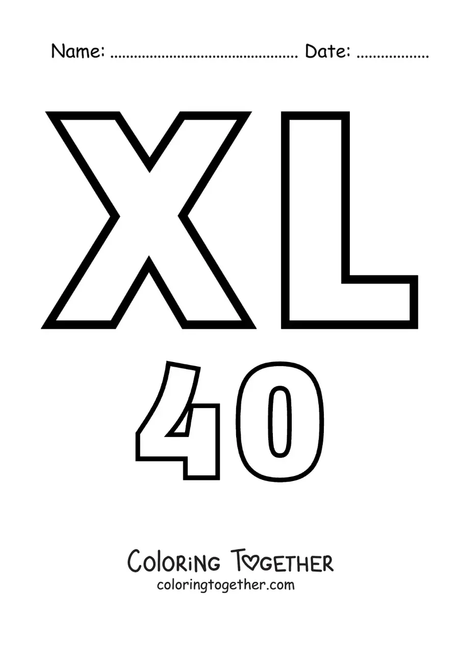Coloring page of a card of the number 40 in Roman numerals with cartoons